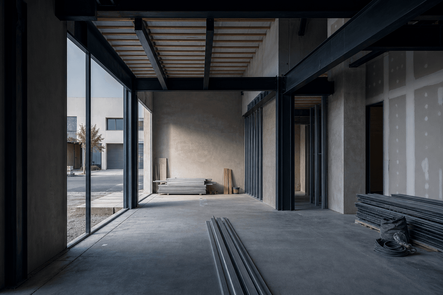 Espacio comercial en proceso con estructura limpia